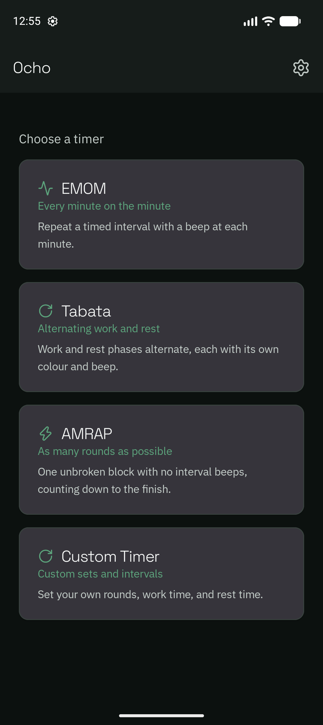 Ocho home screen with EMOM, Tabata, AMRAP, and Custom Timer modes.