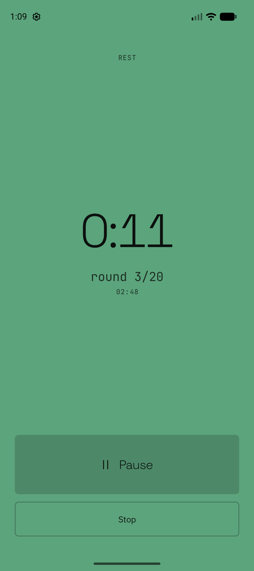 Ocho Tabata rest screen that shows the current rest interval.
