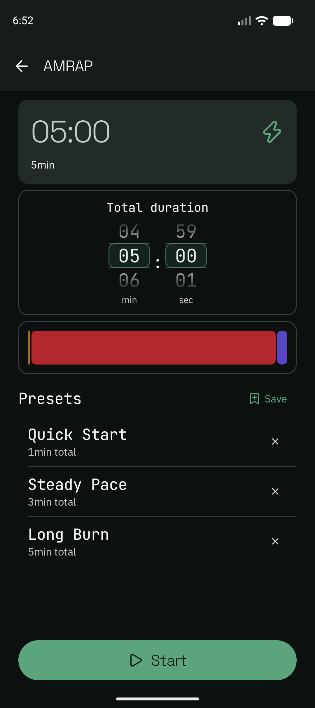 Ocho AMRAP setup screen with three saved presets named Quick Start, Steady Pace, and Long Burn.