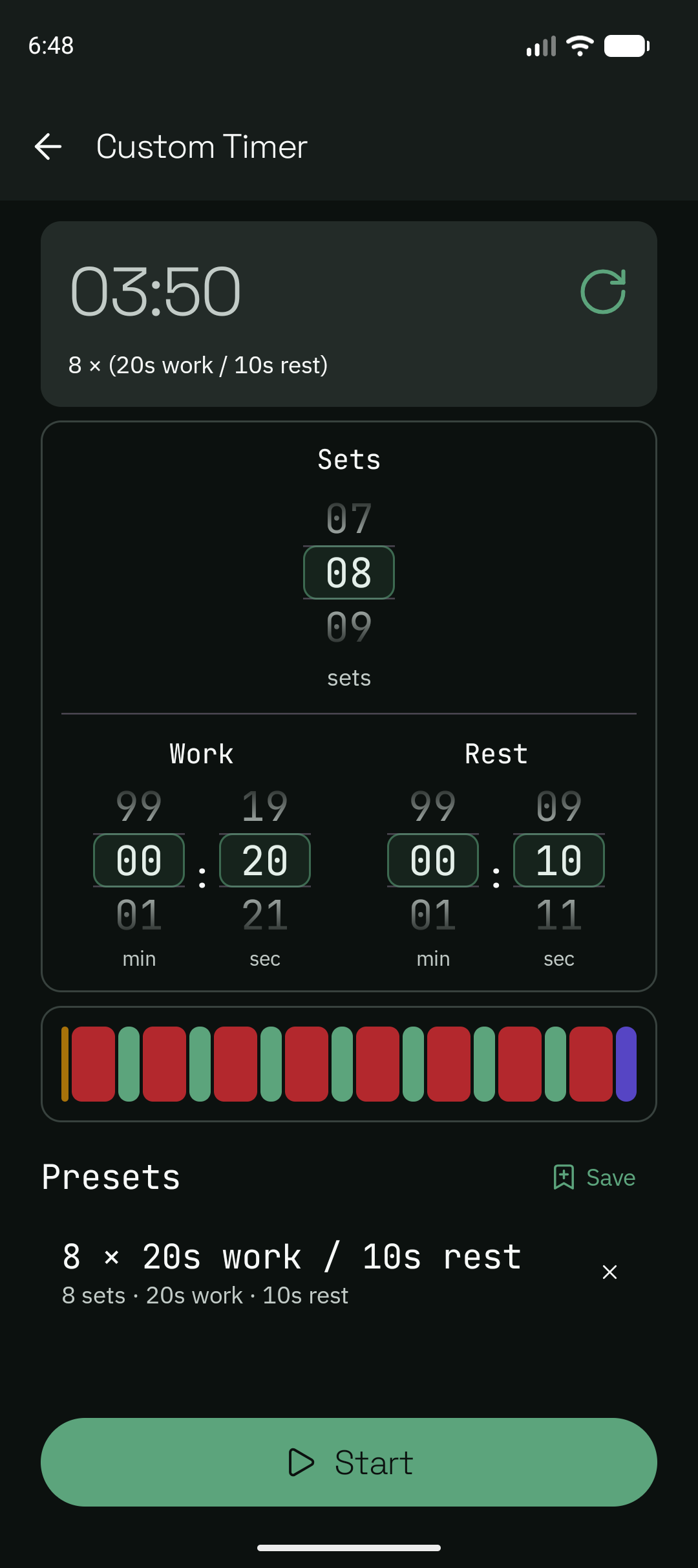 Ocho Custom Timer setup screen with a saved preset row that shows sets, work time, and rest time.