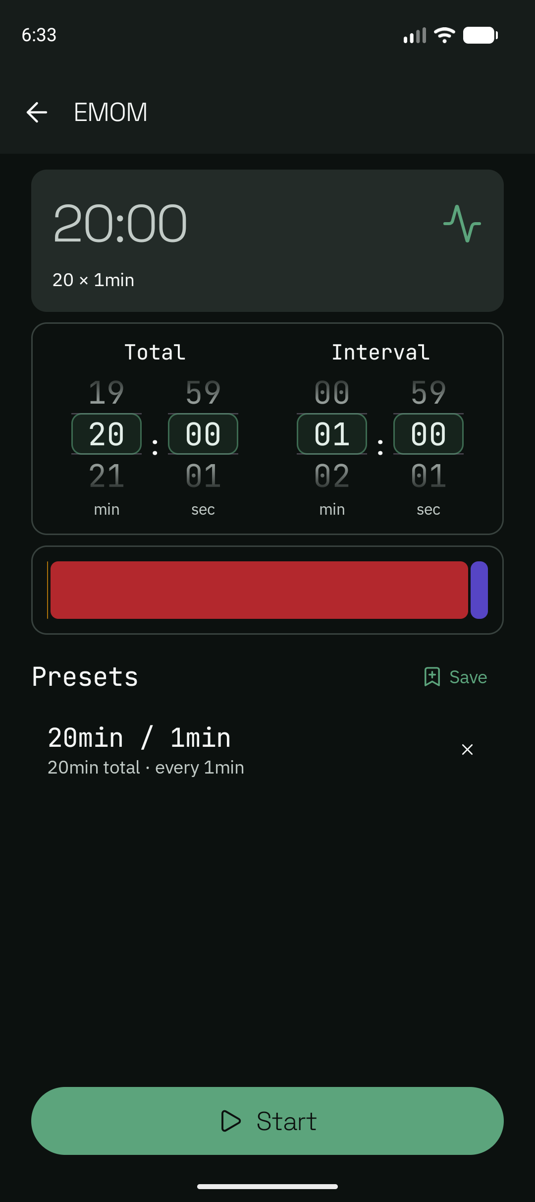 Ocho EMOM setup screen with a saved preset row and its timing summary.