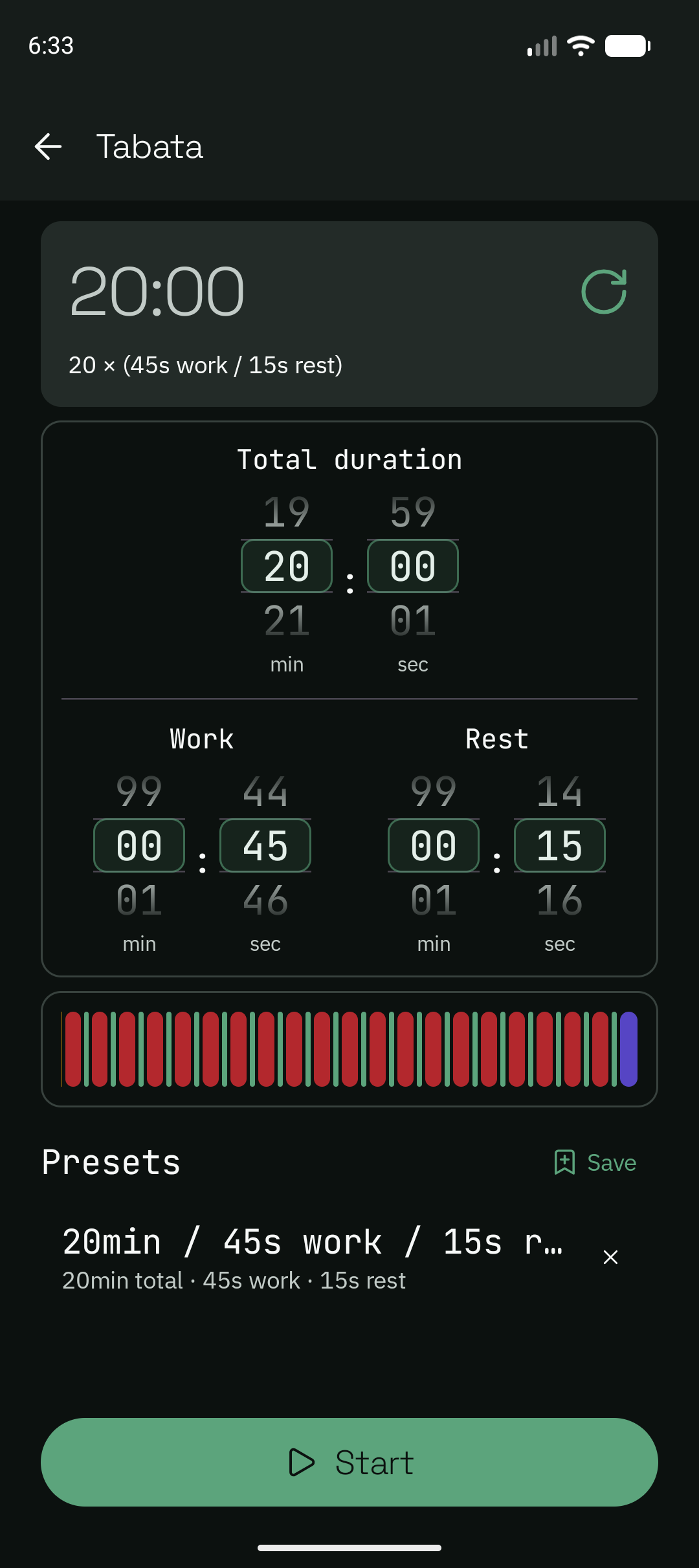 Ocho Tabata setup screen with duration controls and a saved preset row.